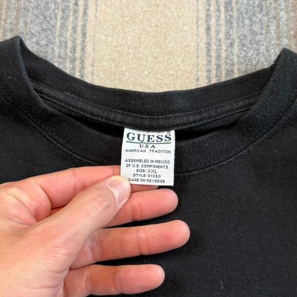 Vintage 90s Men’s Guess Jeans ? Spell Out T-Shirt Size 2XL Black Questions Mark - Picture 3 of 6